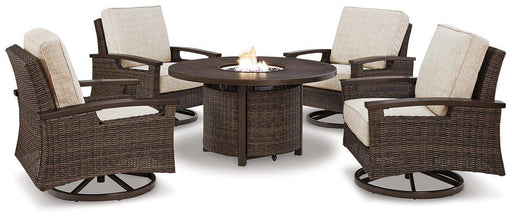 Paradise Trail Paradise Trail Fire Pit Table with 4 Nuvella Swivel Lounge Chairs - Zara Furniture (Kissimmee,FL)
