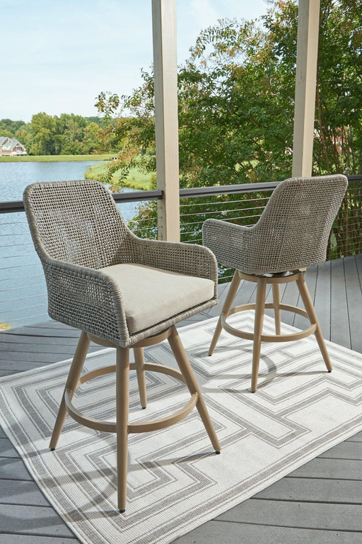 Seton Creek Outdoor Bar Height Barstool with Cushion (Set of 2) - Zara Furniture (Kissimmee,FL)