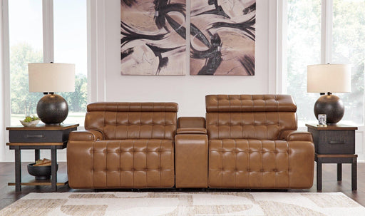 Temmpton Dual Power Leather Reclining Modular Loveseat with Console - Zara Furniture (Kissimmee,FL)
